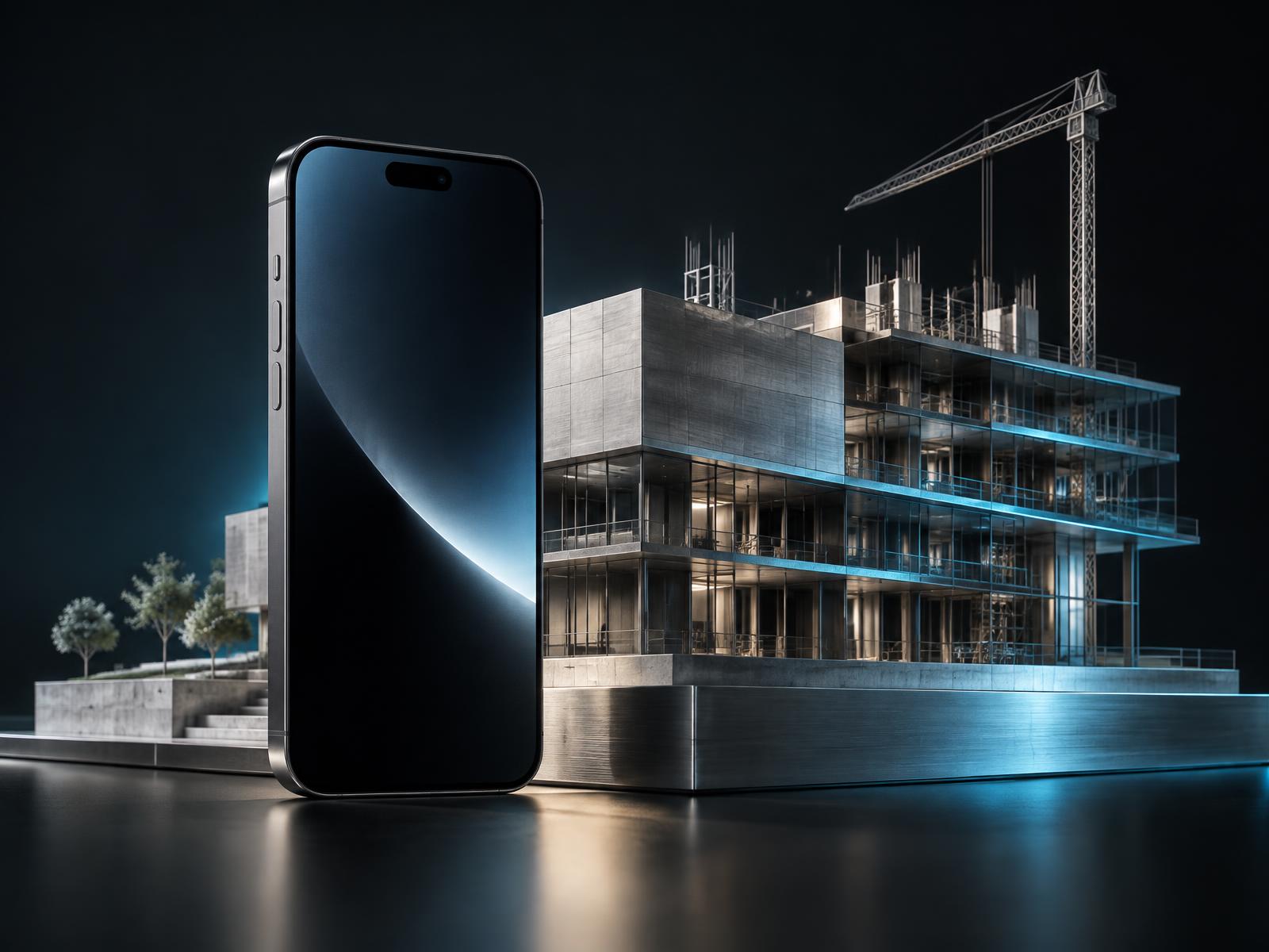 Celular diante de uma maquete arquitetônica de um edifício em construção